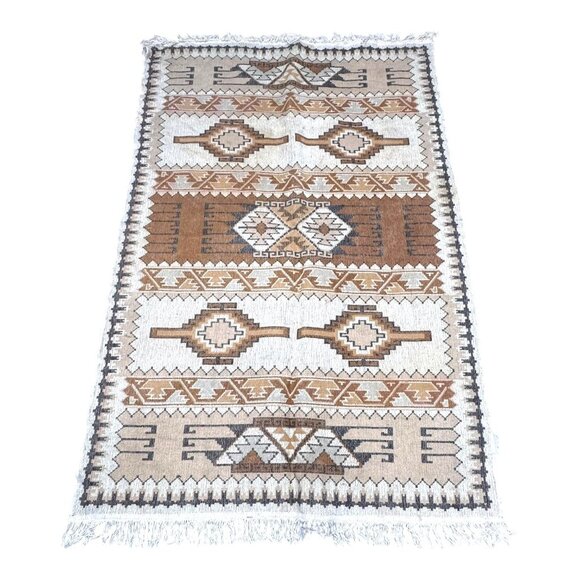Authentic Tribal Geometric Wool Area Rug Southwestern Neutral Tones Design 69x45 - Picture 2 of 3
